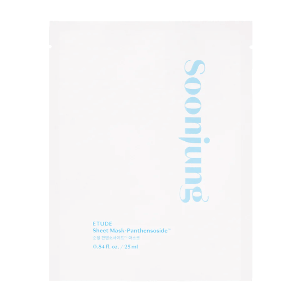 En minimalistisk hvid emballage af ETUDE Soon Jung Panthensoside Sheet Mask. Teksten er i en lyseblå nuance og størrelsen angives som 0.84 fl. oz. / 25 ml.