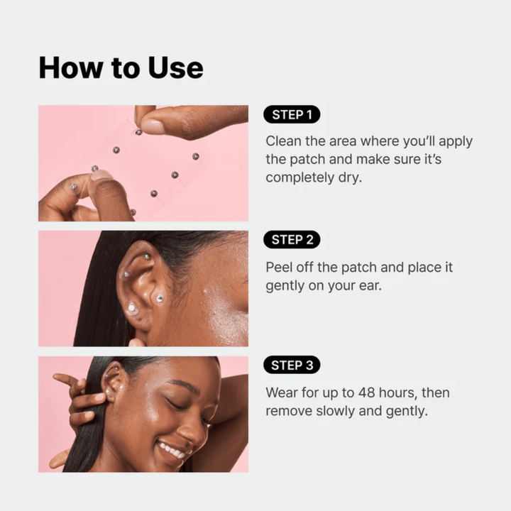 Trin-for-trin-guide, der viser, hvordan RETURNITY Ear Therapy Acupressure Patch påføres øret. Plastrene placeres på udvalgte punkter og kan bæres i op til 48 timer.
