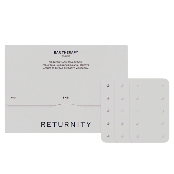 RETURNITY Ear Therapy Acupressure Patch 30pcs (3-Mix) med emballage og tre forskellige typer akupressurplastre. Sættet indeholder flere varianter til tilpasset øreakupressur og daglig brug.