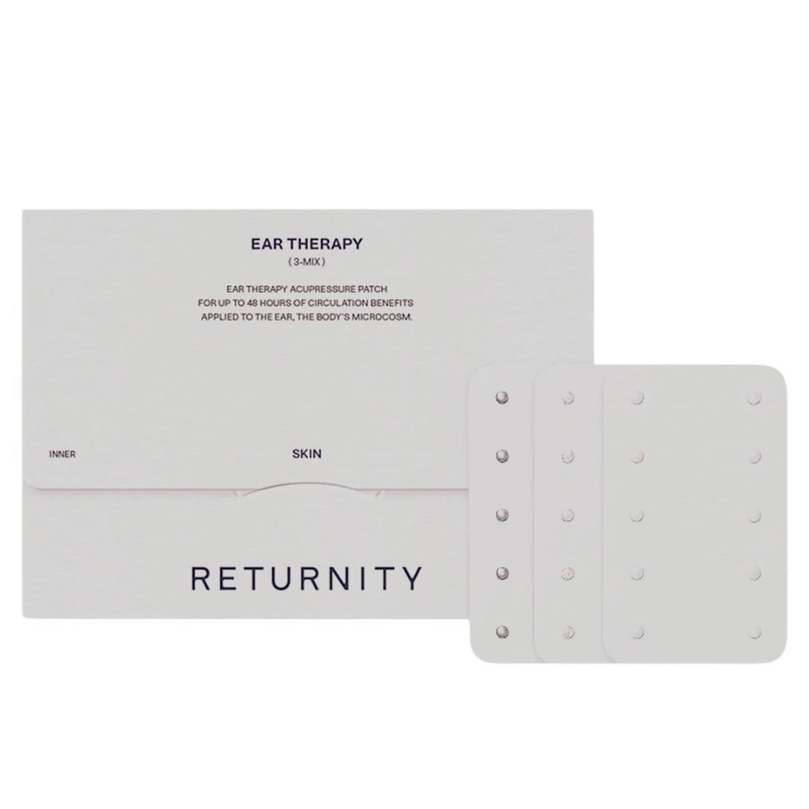 RETURNITY Ear Therapy Acupressure Patch 30pcs (3-Mix) med emballage og tre forskellige typer akupressurplastre. Sættet indeholder flere varianter til tilpasset øreakupressur og daglig brug.