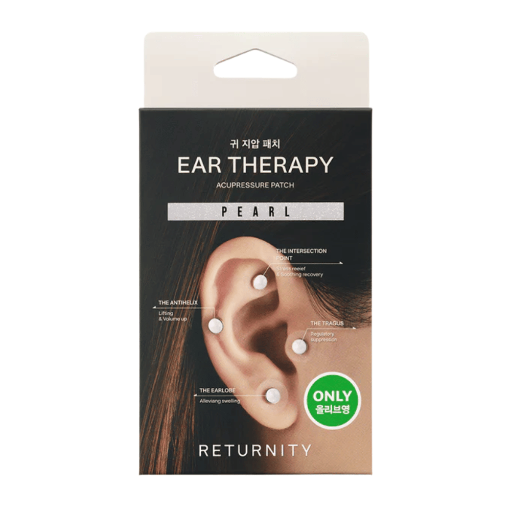 Emballage af RETURNITY Ear Therapy Acupressure Patch Pearl med illustration af ørepatches placeret på forskellige trykpunkter på øret.