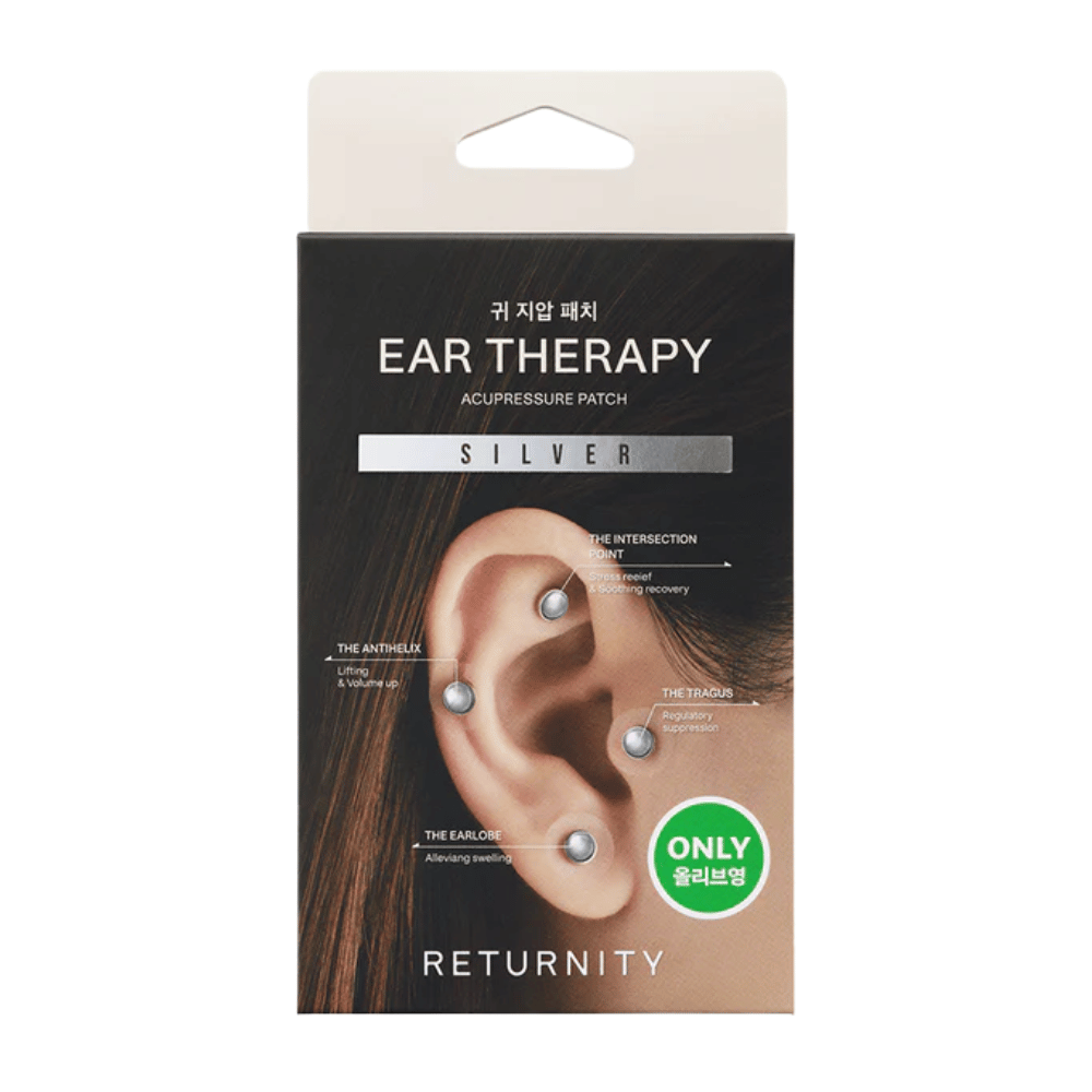 Emballage af RETURNITY Ear Therapy Acupressure Patch Silver med sølvfarvede ørepatches og markerede akupressurpunkter på øret.