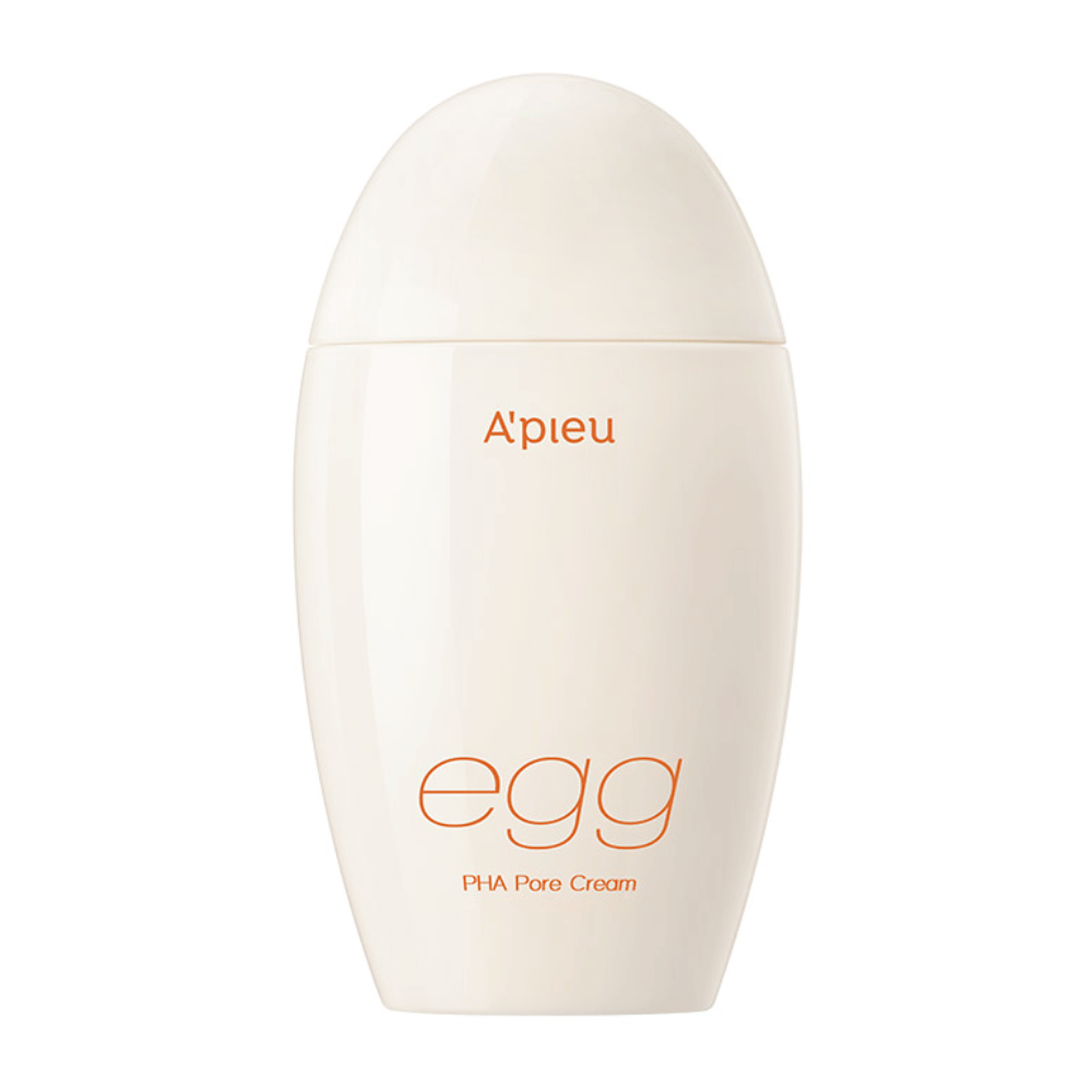 A'pieu Egg PHA Pore Cream i æggeformet, beige emballage med orange tekst – en koreansk ansigtscreme til poreminimering og skånsom eksfoliering.