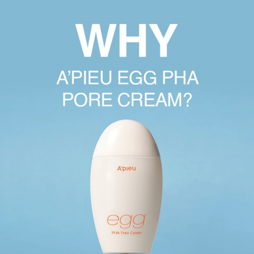 A'pieu Egg PHA Pore Cream i æggeformet emballage på blå baggrund med teksten "WHY A'PIEU EGG PHA PORE CREAM?", hvilket fremhæver produktets fordele.