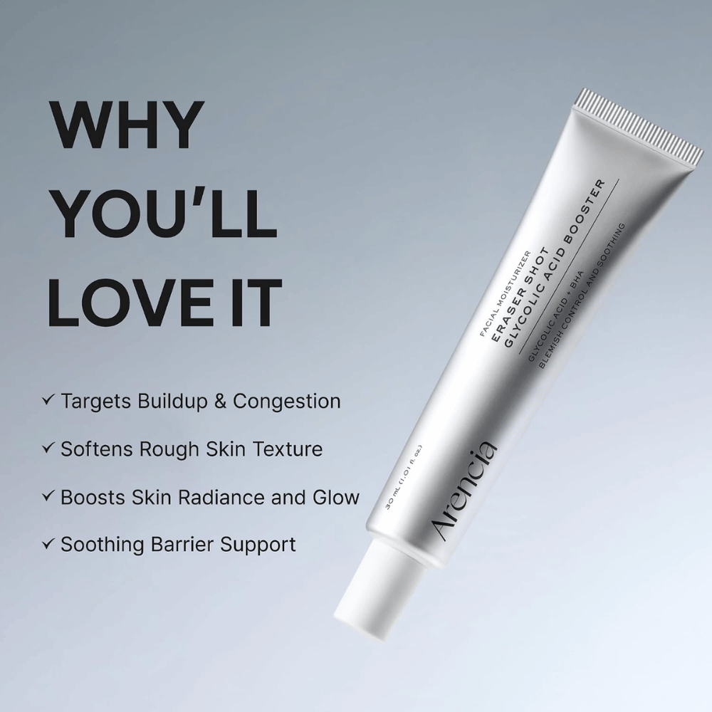 Arencia Eraser Shot Glycolic Acid Booster – eksfolierende booster, der udjævner hudstrukturen og giver glød