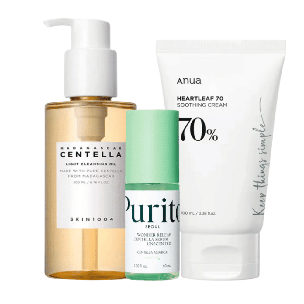 Dette Hudplejesæt indeholder tre trin til en strålende hud: SKIN1004 Madagascar Centella Light Cleansing Oil til mild rensning, Purito Wonder Relief Centella Serum til fugtgivning og Anua Heartleaf 70 Soothing Cream til beroligende pleje. Perfekt til daglig brug.
