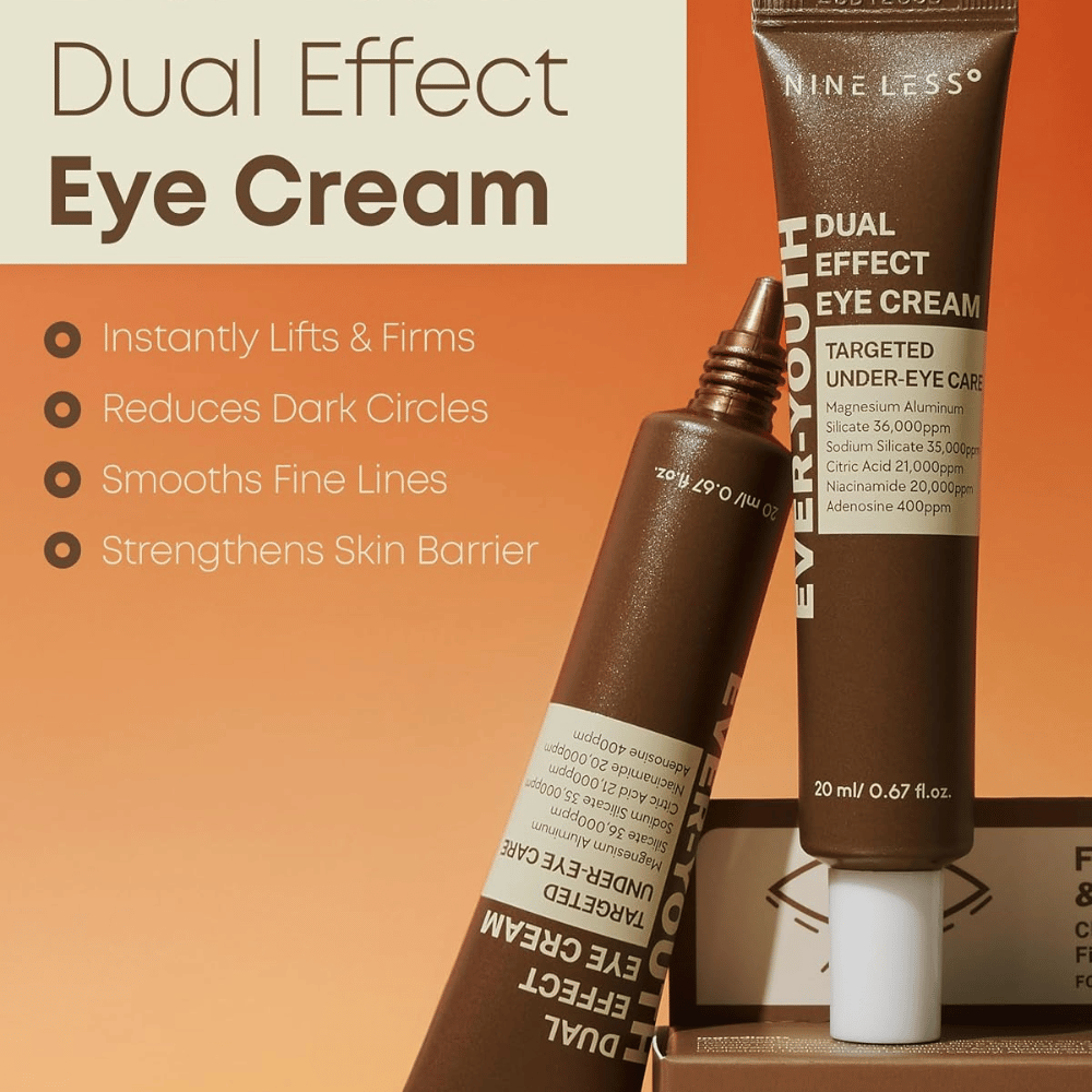 NINE LESS Ever-Youth Dual Effect Eye Cream – opstrammende Øjencreme til mørke rande, fine linjer og hudbarriere