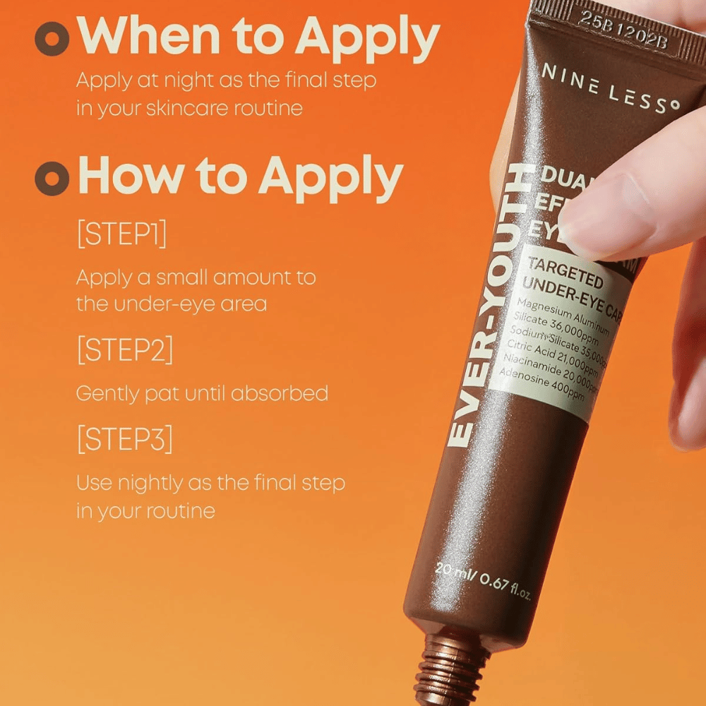 NINE LESS Ever-Youth Dual Effect Eye Cream – påføring af Øjencreme som sidste trin i aftenrutinen
