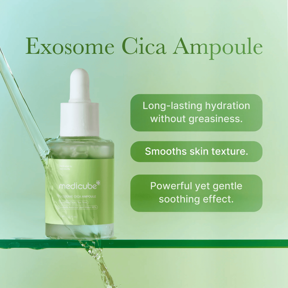 Medicube Exosome Cica Ampoule med grønt vandflow, fremhæves for langvarig fugtighed, jævn hudtone og kraftfuld men skånsom beroligende effekt.