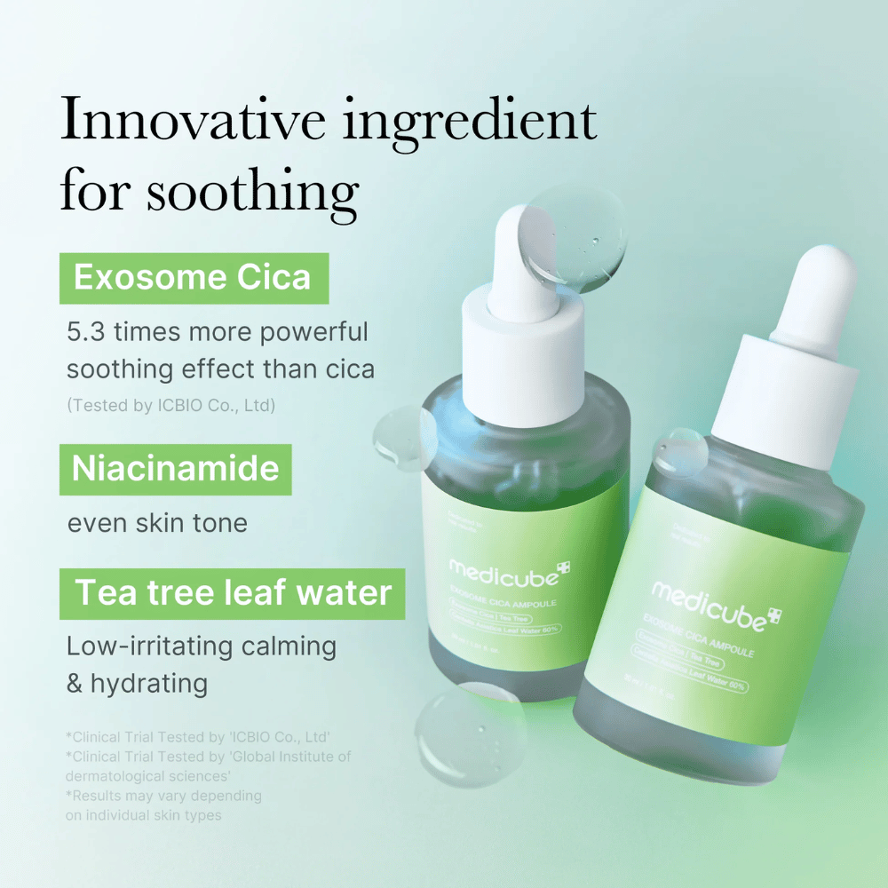 To flasker Medicube Exosome Cica Ampoule, formuleret med Exosome Cica, niacinamid og tea tree leaf water for beroligende effekt.