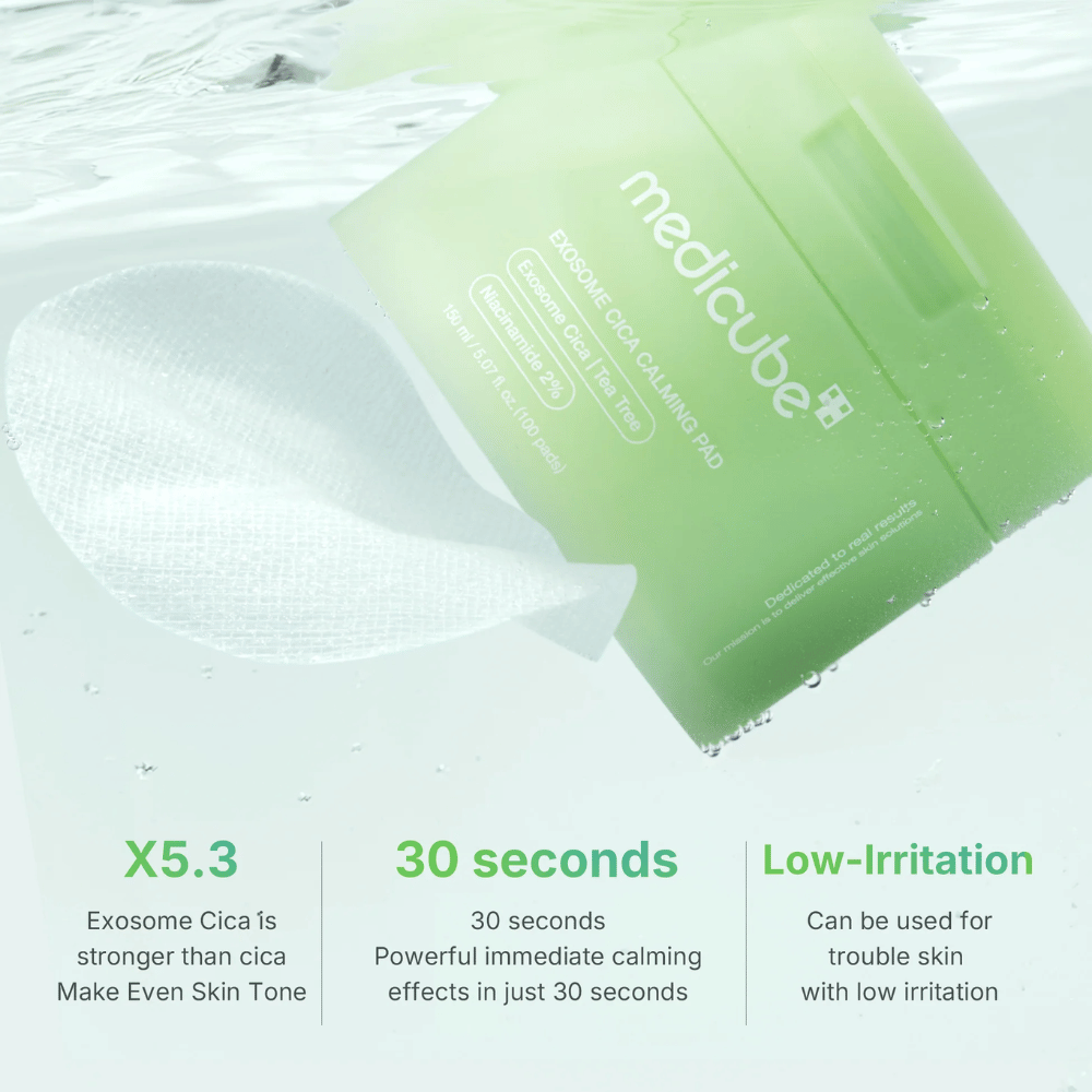 Medicube Exosome Cica Calming Pads under vand, med Fordele: 5,3x stærkere end cica, effekt på 30 sekunder, lav irritation.