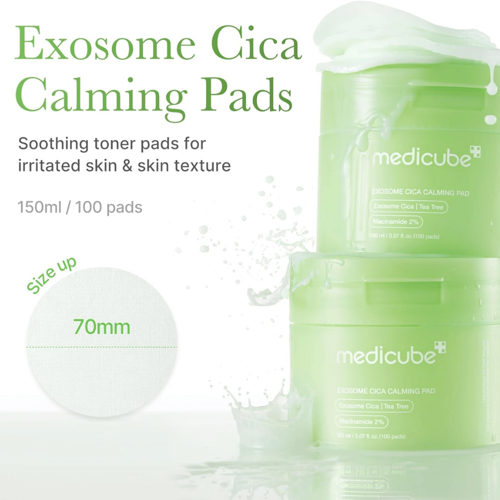 Medicube Exosome Cica Calming Pads i grøn krukke, beroligende toner pads med niacinamid og tea tree til irriteret hud, 150 ml/100 pads.