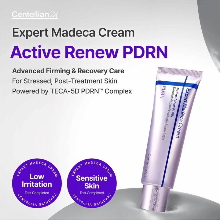 Centellian24 Expert Madeca Cream Active Renew PDRN produktbillede i tube med lav irritation og tilpasset følsom hud med reparerende egenskaber