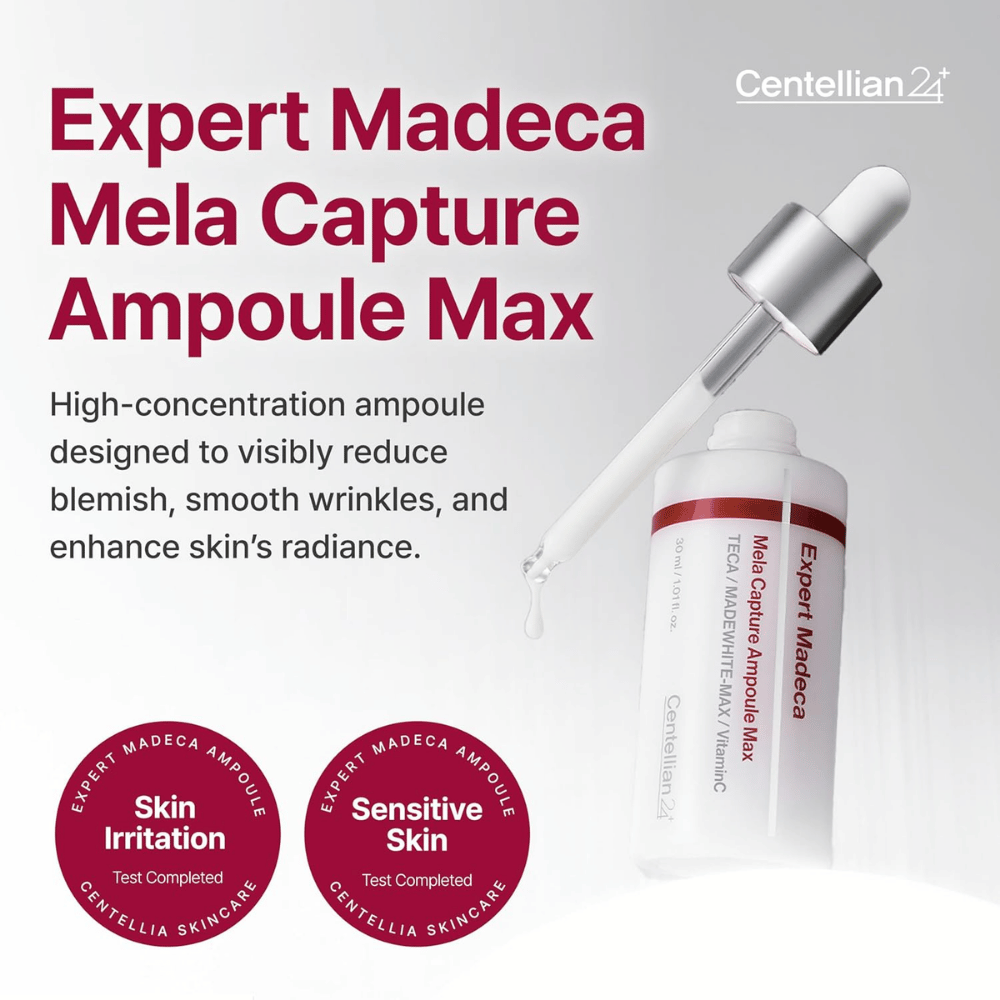 Centellian24 Expert Madeca Mela Capture Ampoule Max 30 ml – koncentreret koreansk ampul til pigmentpletter, fine linjer og forbedret glød.