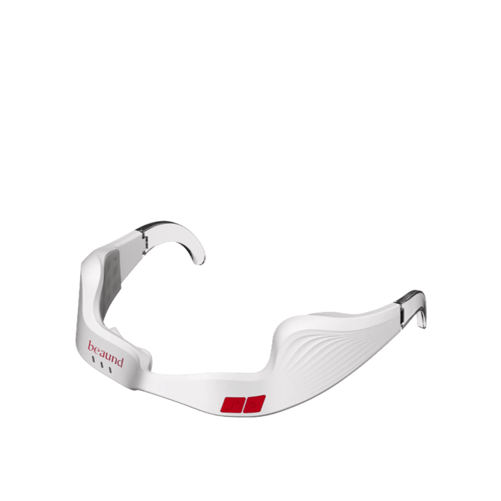 Frilagt produktbillede af Beaund Eye Rejuv i minimalistisk hvidt design med transparente detaljer og intuitive kontrolknapper.