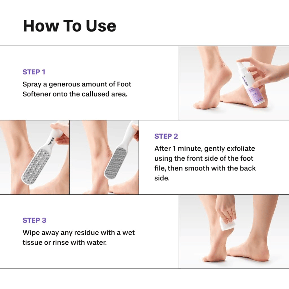 Sådan bruger du BAREN Foot Callus Eraser Home Set – påfør Foot Softener, fil den hårde hud og skyl fødderne