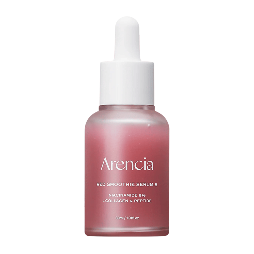 Arencia Red Smoothie Serum 8 i glasflaske med pipette, 30 ml. Et rosa serum med niacinamid, kollagen og peptider som styrker hudbarrieren og øger spændstigheden.