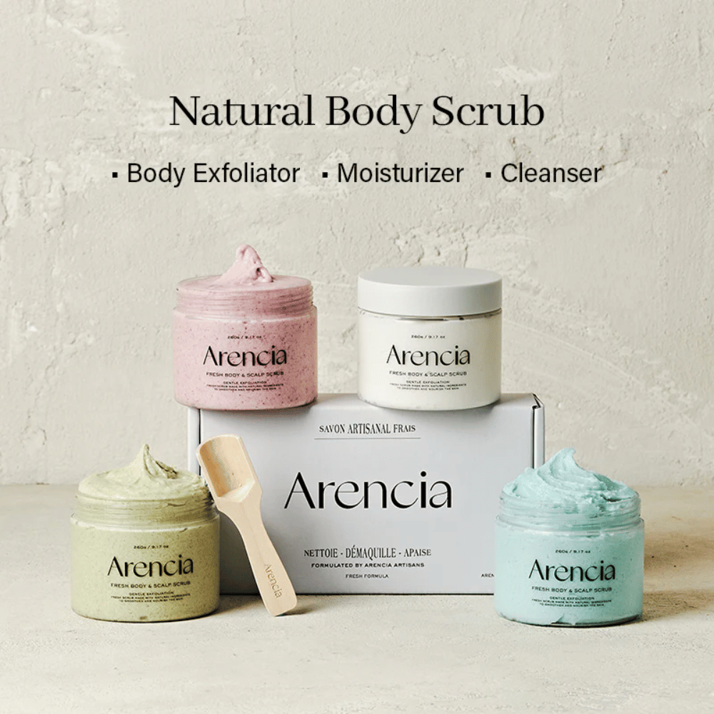 Arencia Fresh Cloud Body & Scalp Scrub i flere varianter sammen. Naturlig kropsskrub og hovedbundsskrub, der renser, eksfolierer og fugter huden effektivt.