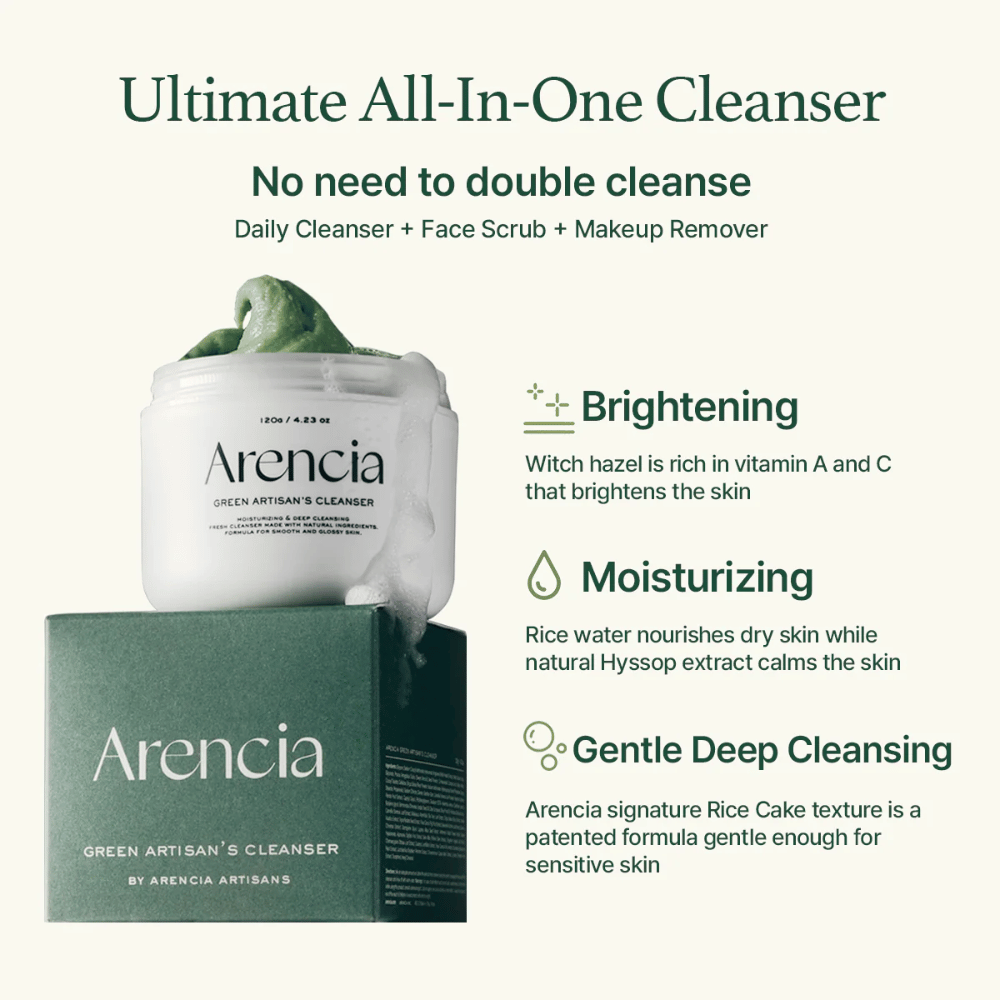 Arencia Green Artisan's Cleanser vises med krukke og æske. Teksten fremhæver Fordele: Brightening (vitamin A & C), Moisturizing (risvand & isop), Gentle Deep Cleansing med patenteret risstruktur.