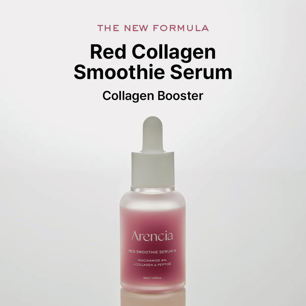 Arencia Red Smoothie Serum 8 præsenteres som "Red Collagen Smoothie Serum", en kraftfuld kollagenbooster med 8 % niacinamid, kollagen og peptider.