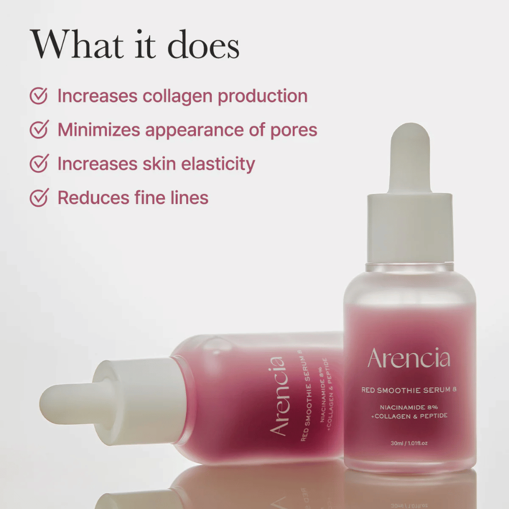 To flasker af Arencia Red Smoothie Serum 8 vises med tekst om effekter som øget kollagenproduktion, reducerede porer, forbedret elasticitet og reducerede fine linjer.