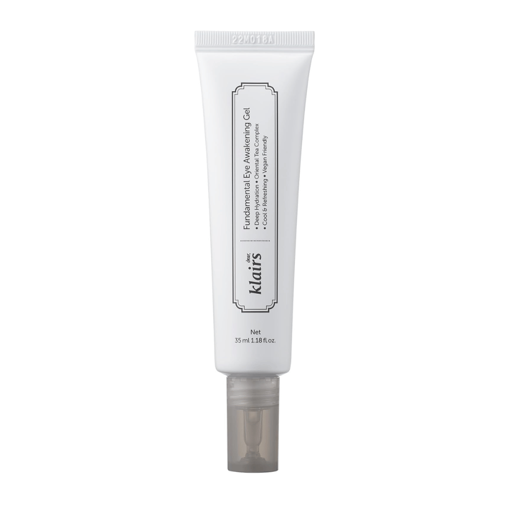 Frilagt produktbillede af Klairs Fundamental Eye Awakening Gel mod hvid baggrund. Tuben vises forfra for tydeligt at præsentere produktnavn, størrelse og det rene, minimalistiske design, som kendetegner Klairs produkter.