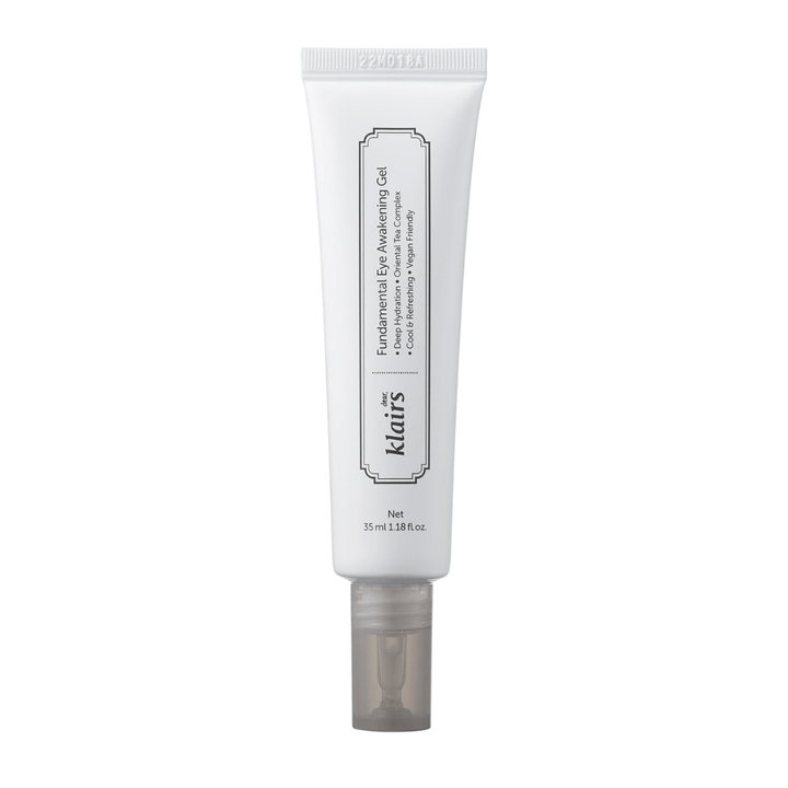Frilagt produktbillede af Klairs Fundamental Eye Awakening Gel mod hvid baggrund. Tuben vises forfra for tydeligt at præsentere produktnavn, størrelse og det rene, minimalistiske design, som kendetegner Klairs produkter.