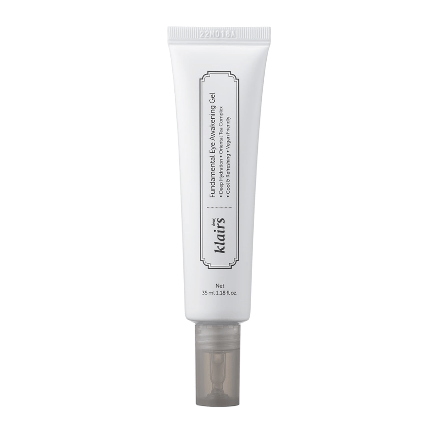 Frilagt produktbillede af Klairs Fundamental Eye Awakening Gel mod hvid baggrund. Tuben vises forfra for tydeligt at præsentere produktnavn, størrelse og det rene, minimalistiske design, som kendetegner Klairs produkter.