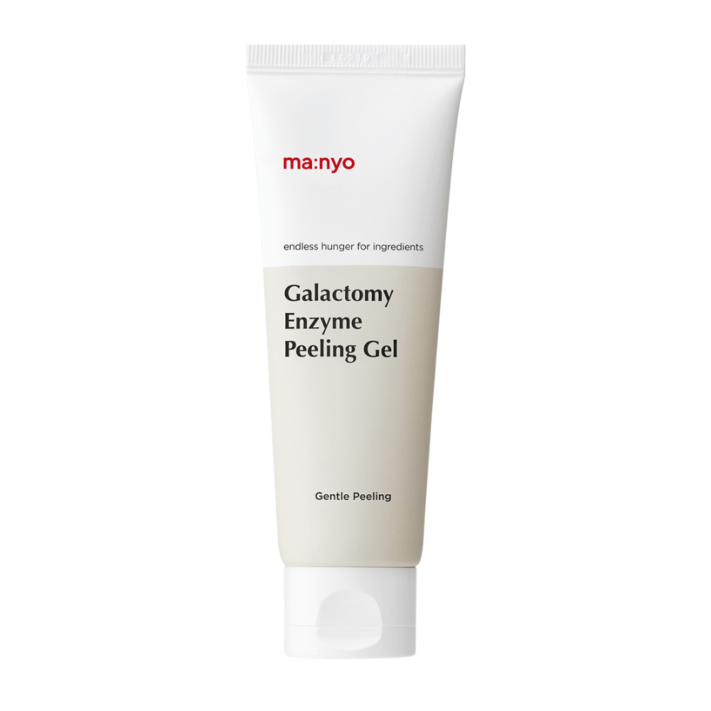 ma:nyo Galactomy Enzyme Peeling Gel, skånsom eksfolierende peelinggel i hvid og beige tube mod hvid baggrund.