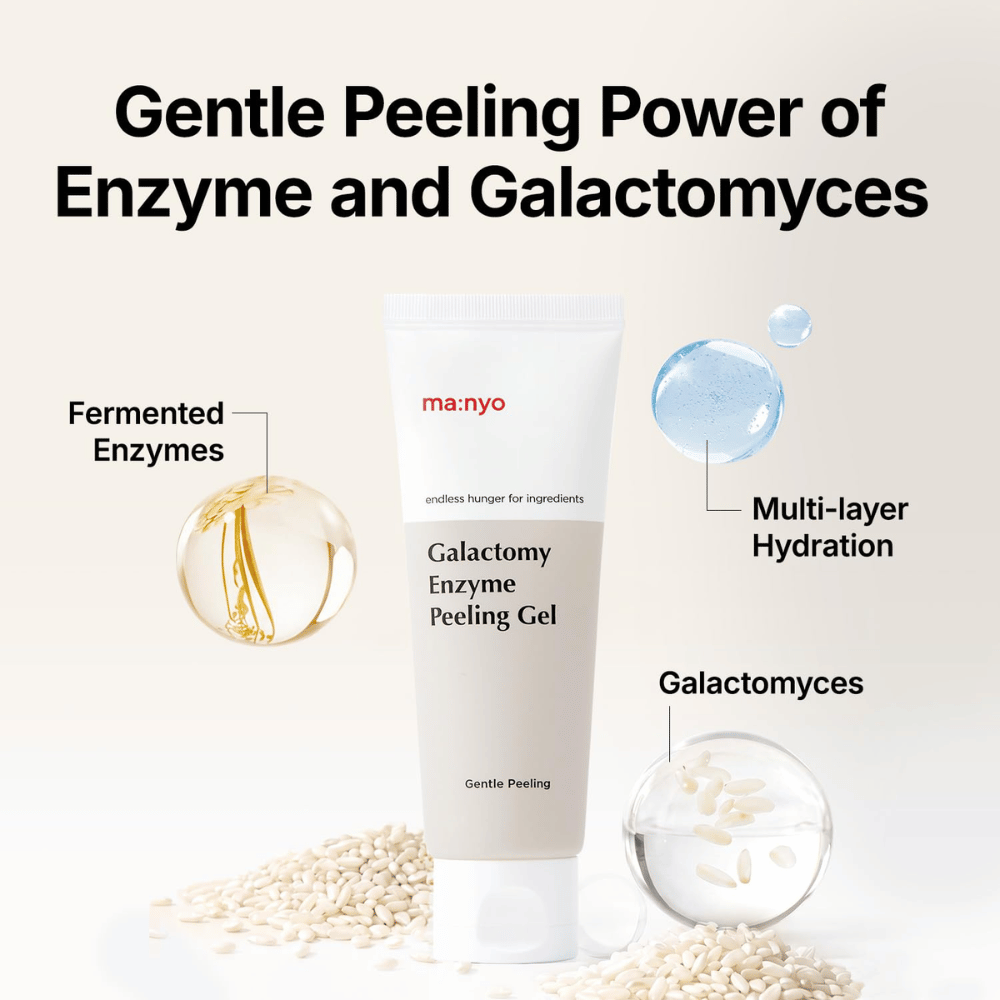 ma:nyo Galactomy Enzyme Peeling Gel med fermenterede enzymer og galactomyces, som eksfolierer og fugter huden.