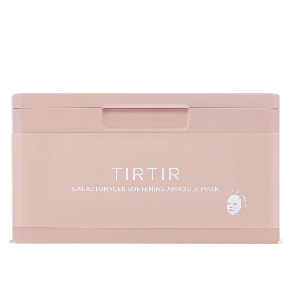 Rosa beholder med teksten "TIRTIR GALACTOMYCES SOFTENING AMPOULE MASK" og et lille ikon af en Sheet mask, designet til at opbevare flere ansigtsmasker.