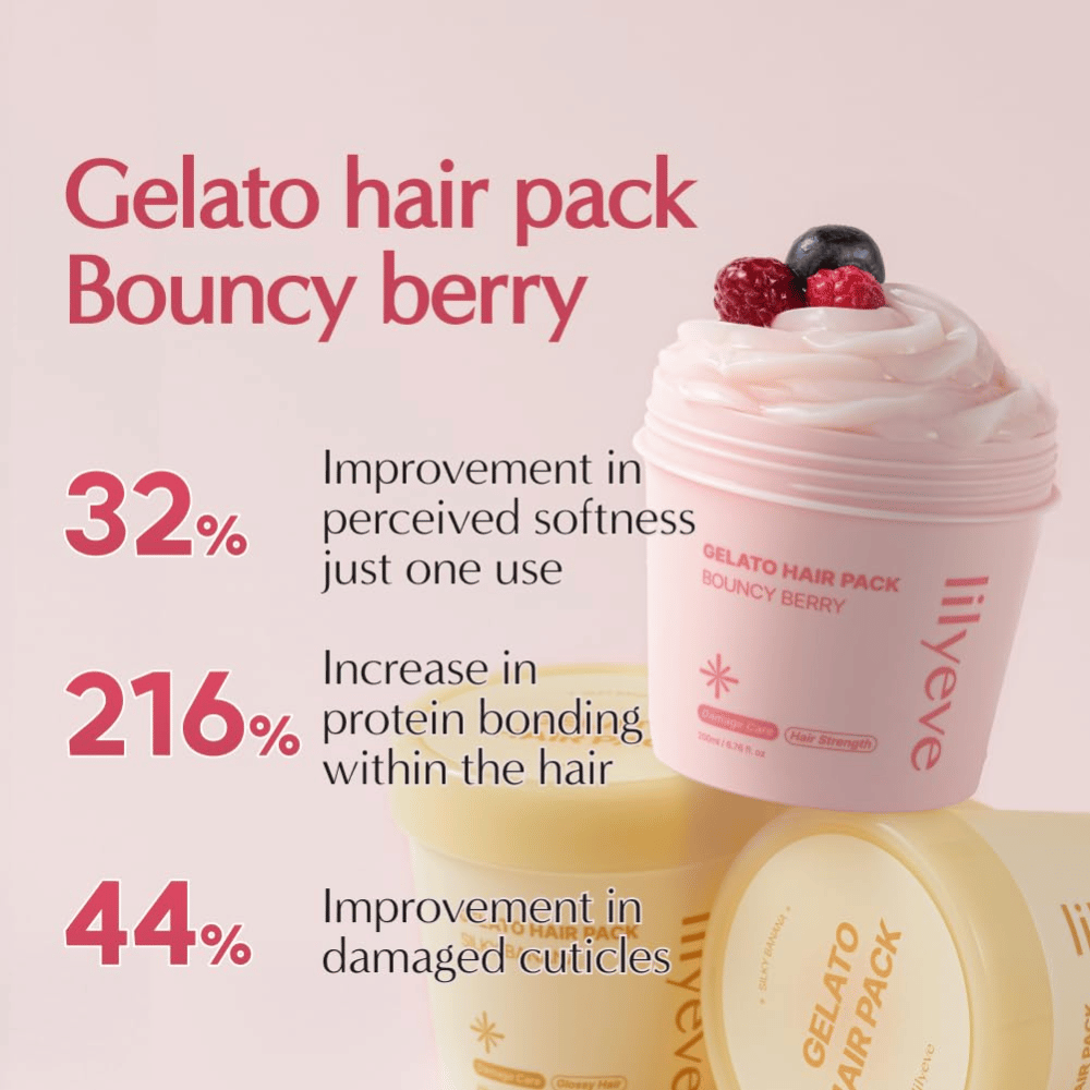 LILYEVE Gelato Hair Pack Bouncy Berry – styrkende proteinmaske til blødere hår og pleje af skadede hårstrå.