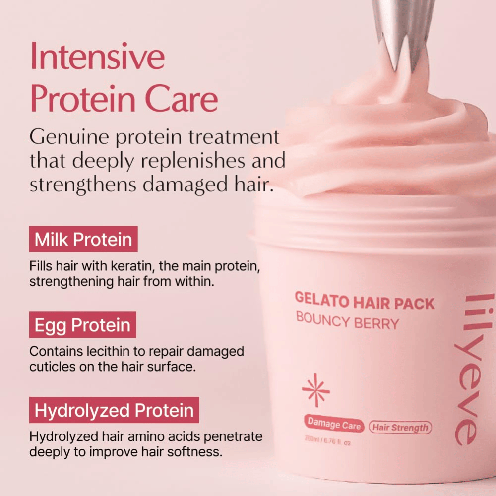 LILYEVE Gelato Hair Pack Bouncy Berry med mælkeprotein, æggeprotein og hydrolyseret protein til intensiv pleje af skadet hår.