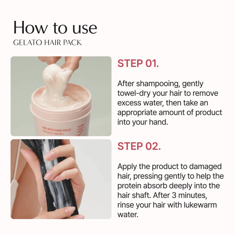Sådan bruger du LILYEVE Gelato Hair Pack – påfør hårmasken i håndklædetørt hår, lad den virke i 3 minutter, og skyl ud.
