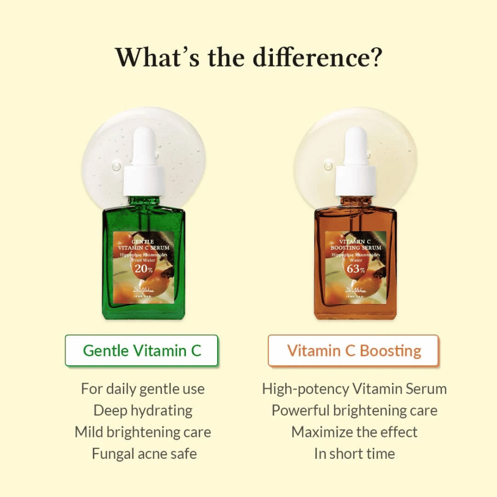 Gentle Vitamin C Serum er perfekt til daglig brug, fugter dybt og giver mild lysning af huden. Sikker for hud med svampeakne. Vitamin C Boosting Serum har høj koncentration for kraftig lysning og hurtige resultater. Ideel til intensive hudbehov.