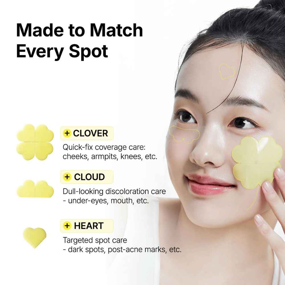 Ma:nyo Glutathione 7 Dark Spot Serum Patch med kløver-, sky- og hjerteformede plastre til målrettet behandling af forskellige hudområder