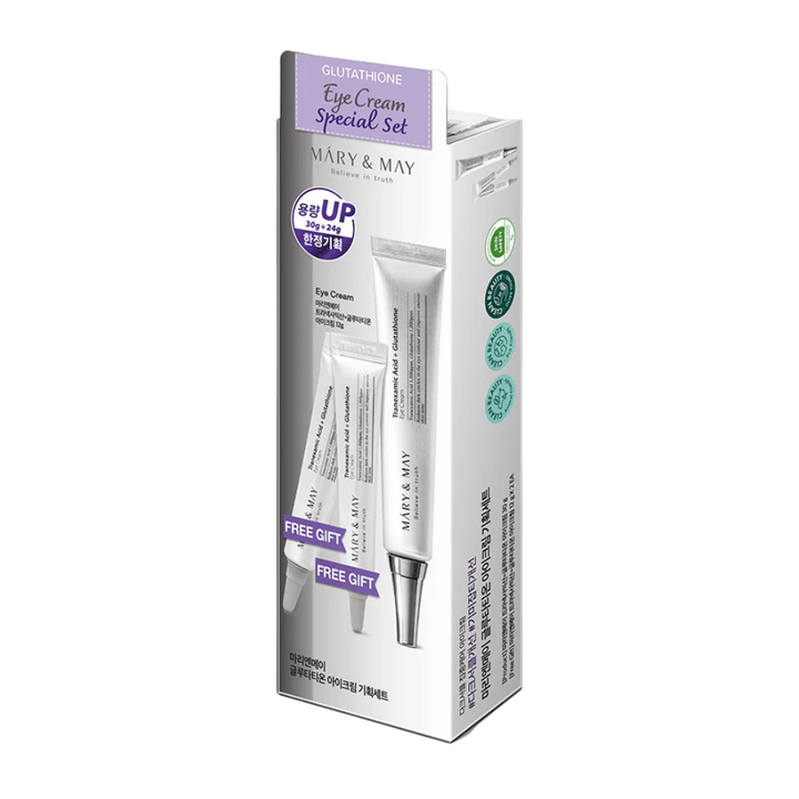 Mary&May Glutathione Eye Cream Special Set med bonusprodukter, et populært K-beauty-sæt til intensiv lysning og pleje af huden omkring øjnene.