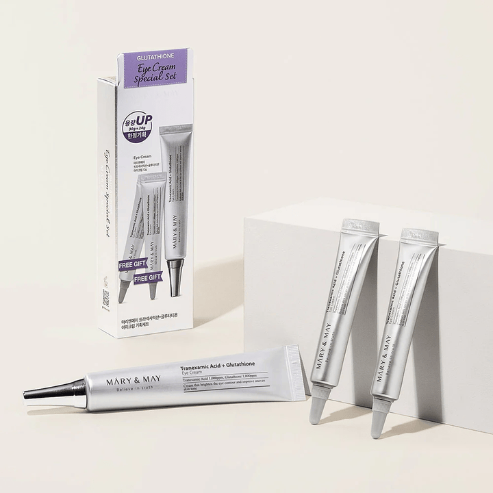 Mary&May Tranexamic Acid + Glutathione Eye Cream Special Set med originalemballage og ekstra tuber, et komplet sæt til glødgivende og udjævnende øjenpleje.