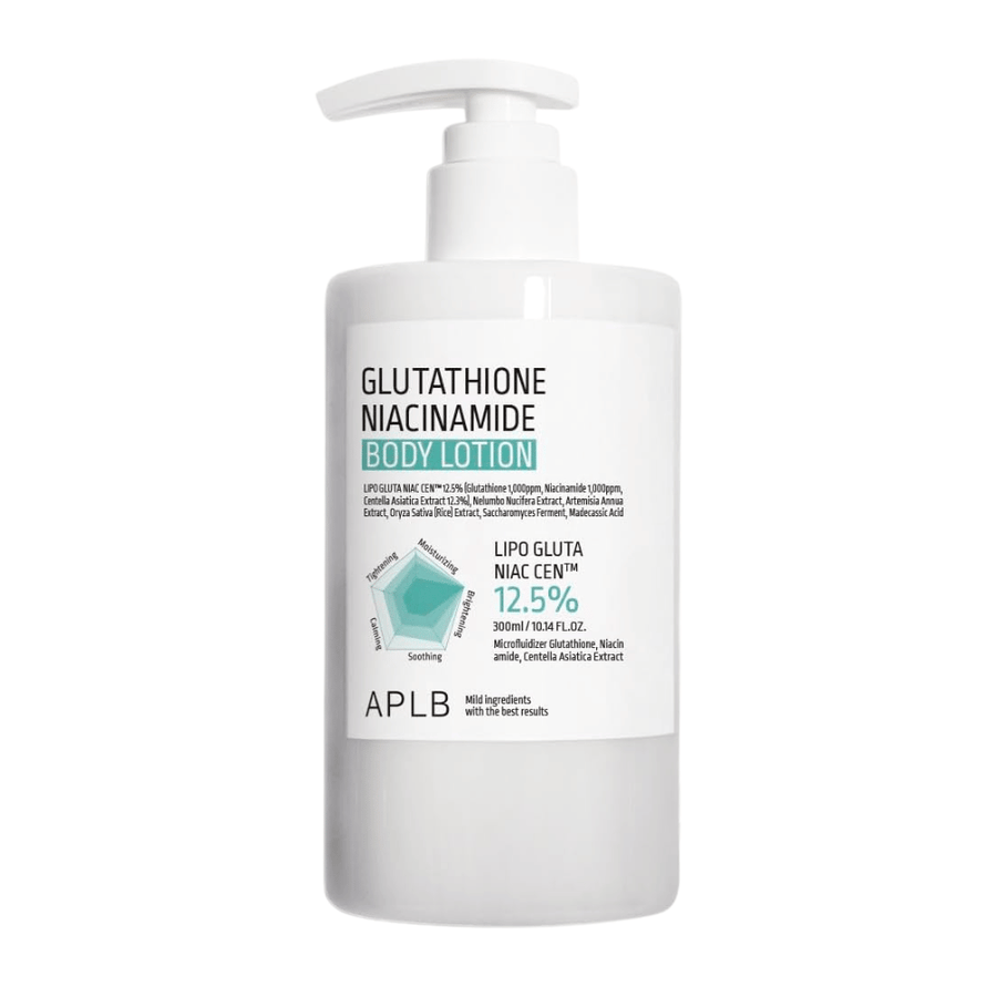 APLB Glutathione Niacinamide Body Lotion produktbillede med pumpeflaske og avanceret formel til fugt, glød og forbedret hudelasticitet