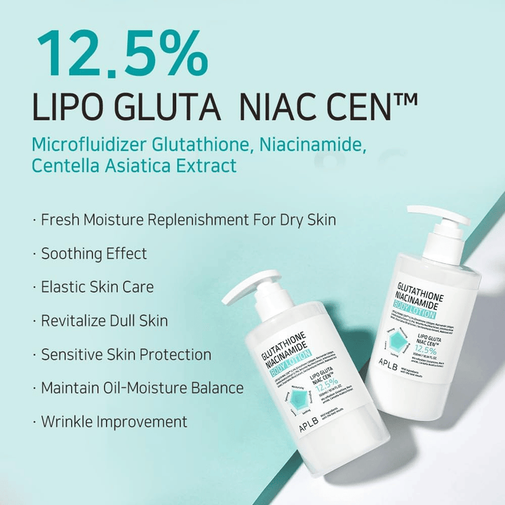 APLB Glutathione Niacinamide Body Lotion 12,5% Lipo Gluta Niac Cent med fugt, hudbalance, anti-age-effekt og beskyttelse til sensitiv hud