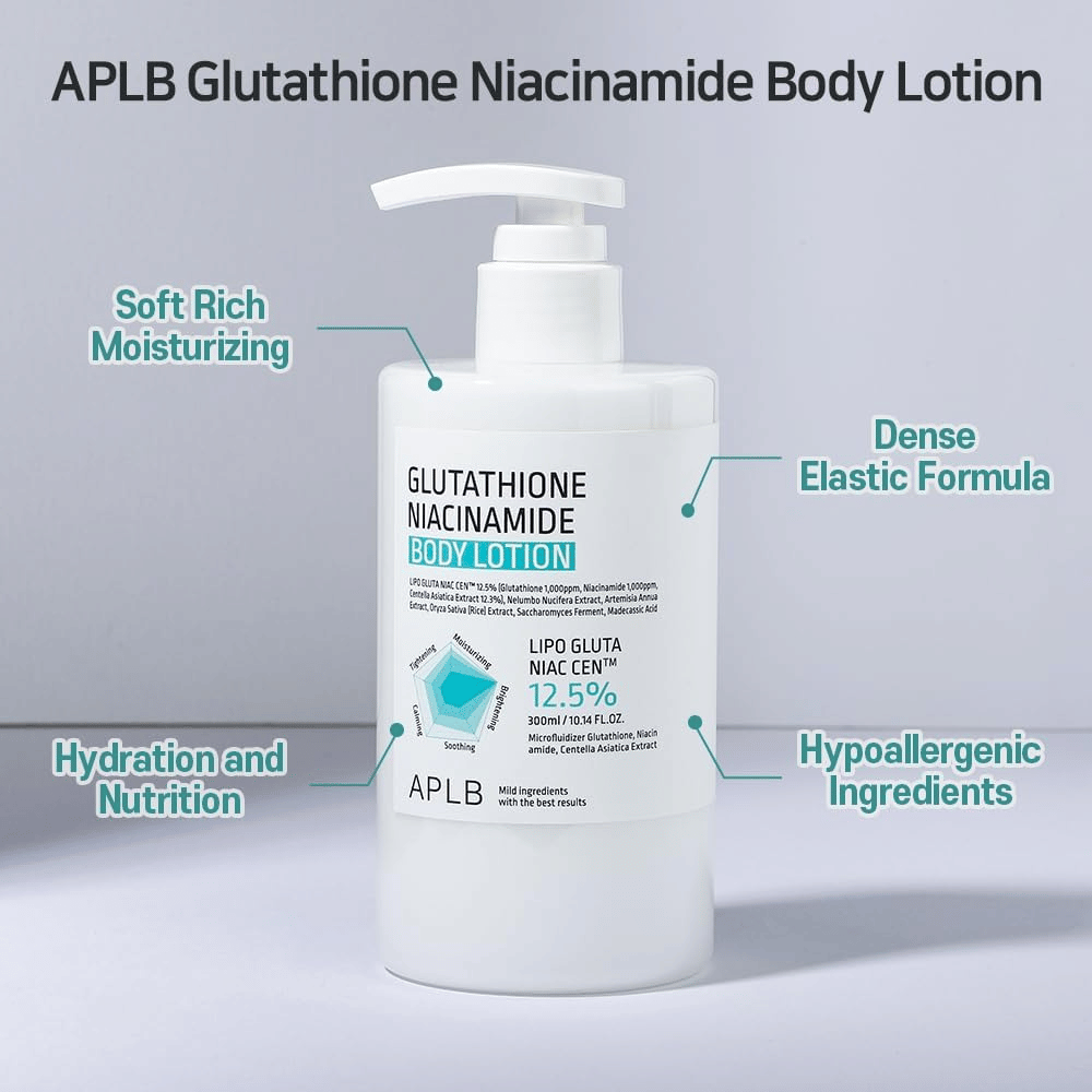 APLB Glutathione Niacinamide Body Lotion pumpeflaske med fugtgivende, elastisk formel og hypoallergene ingredienser til blød og nærende hudpleje