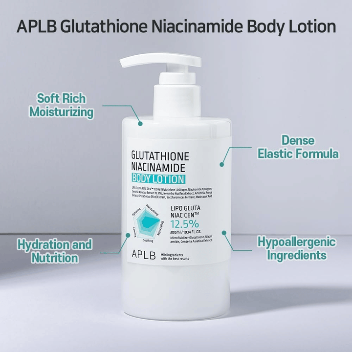 APLB Glutathione Niacinamide Body Lotion pumpeflaske med fugtgivende, elastisk formel og hypoallergene ingredienser til blød og nærende hudpleje