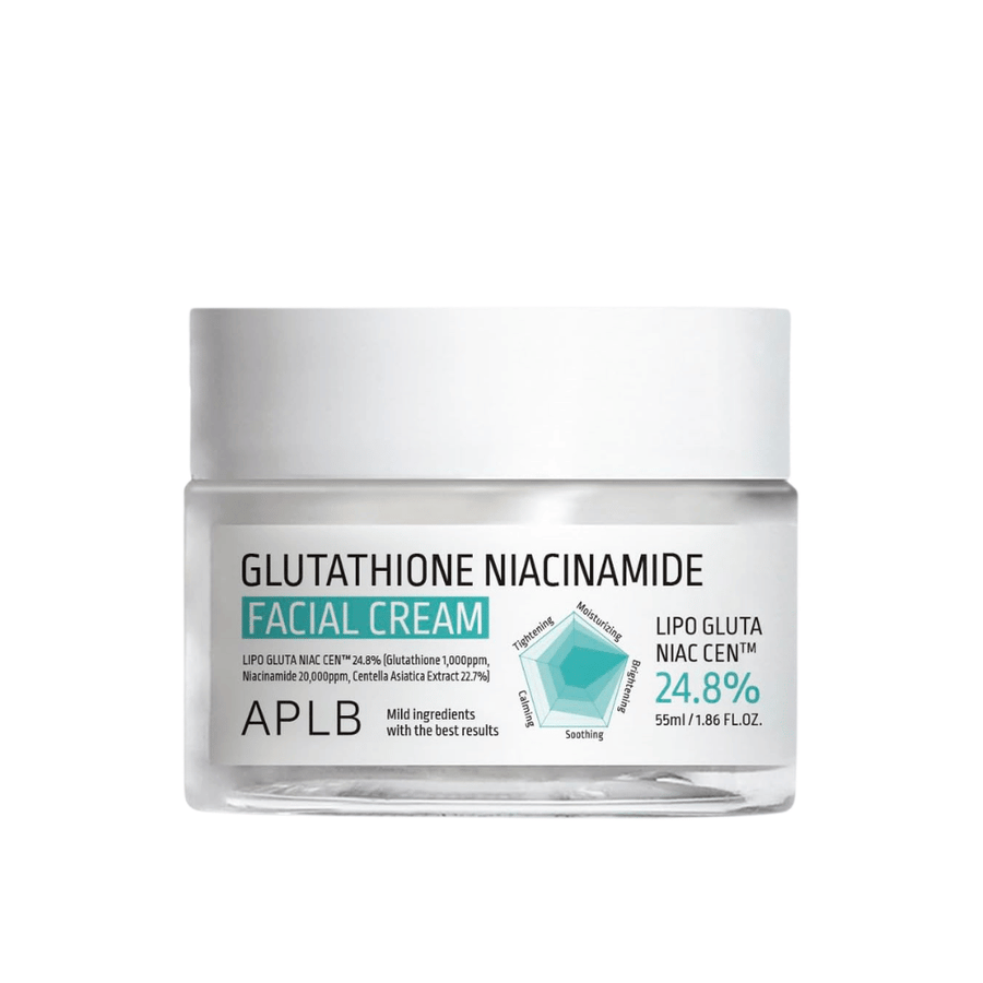 APLB Glutathione Niacinamide Facial Cream i krukke med let formel, som fugter, udjævner hudtonen og giver øget glød