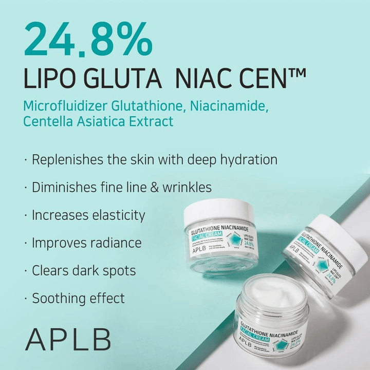 APLB Glutathione Niacinamide Facial Cream 24,8% Lipo Gluta Niac Cent med dyb fugt, anti-age-effekt og forbedret hudtone