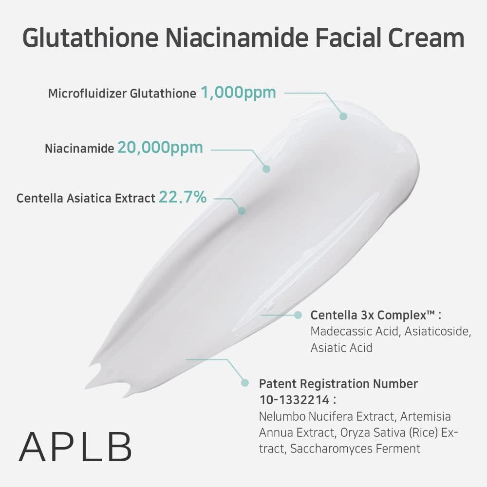 APLB Glutathione Niacinamide Facial Cream med 1000ppm glutathione, 20000ppm niacinamid og 22,7% centella asiatica til fugt og beroligende effekt