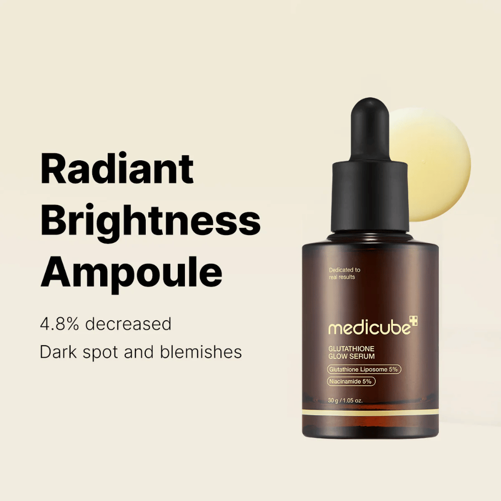 Medicube Radiant Brightness Ampoule – Glutathione Glow Serum med 5% glutathion-liposom og 5% niacinamid. Reducerer mørke pletter og ujævn hudtone for en strålende glans.