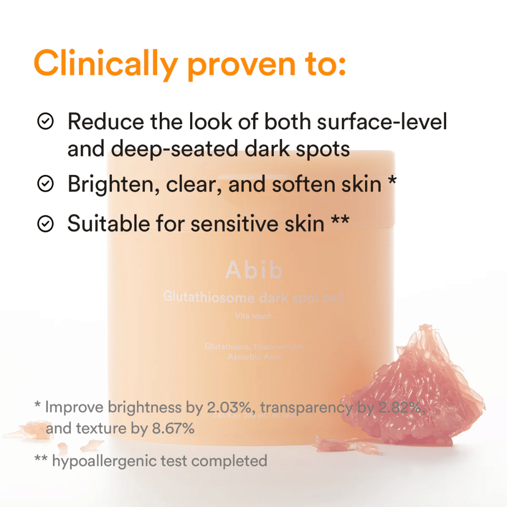 Abib Glutathiosome Dark Spot Pad Vita Touch med klinisk testede fordele for glød og pigmentering.