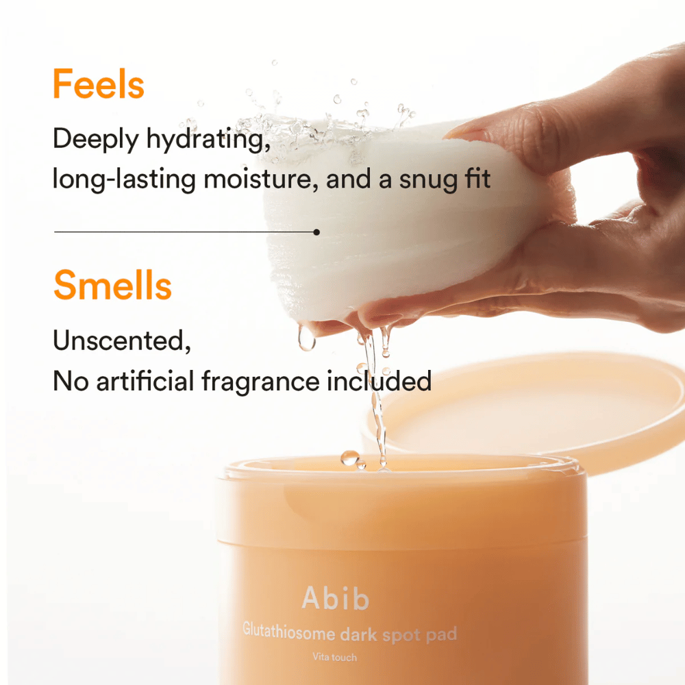 Fugtgivende toner pads fra Abib med parfumefri formel og glow-effekt til sensitiv hud.