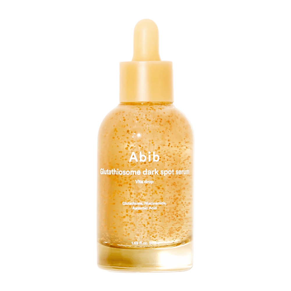 Produktbillede af Abib Glutathiosome Dark Spot Serum Vita Drop i en gennemsigtig glasflaske med gul pipette og synlige mikrokapsler i serummet.