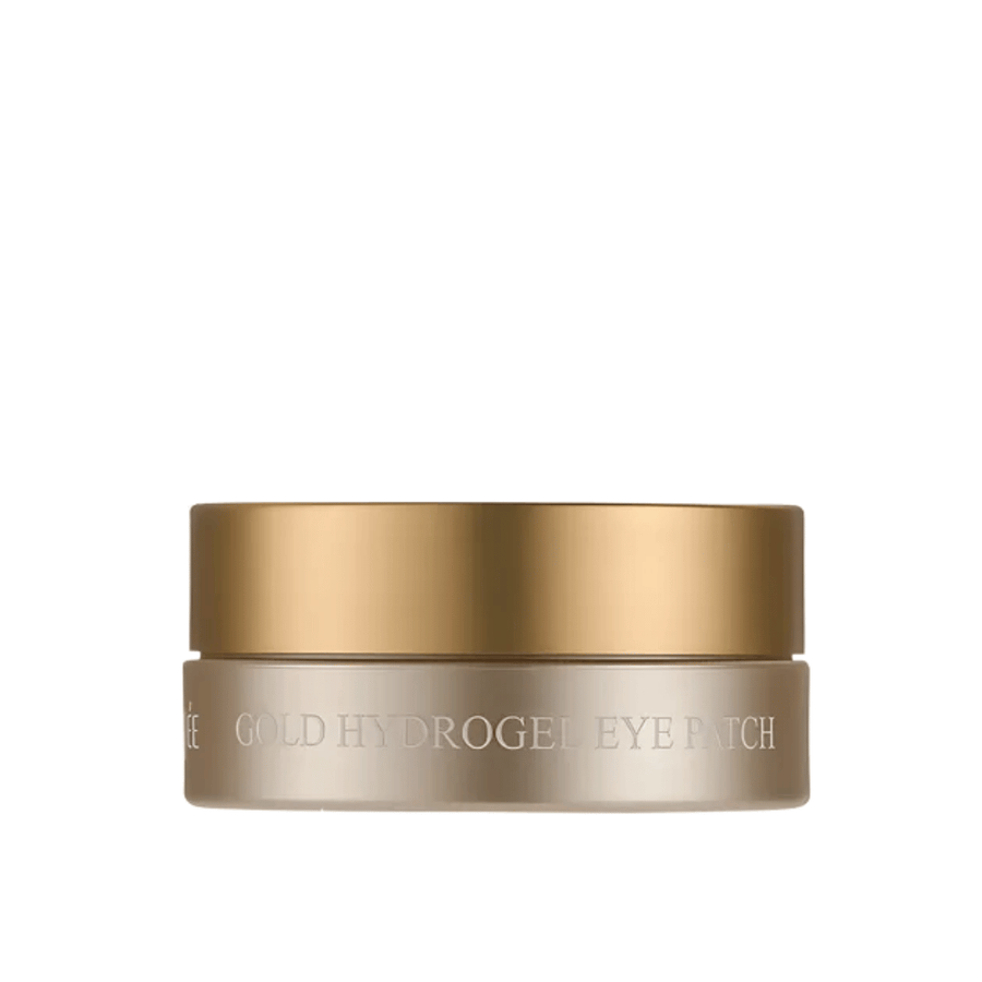 Frilagt produktbillede af PETITFEE Gold Hydrogel Eye Patch i elegant guldfarvet krukke mod lys baggrund. Designet giver et eksklusivt og luksuriøst indtryk.